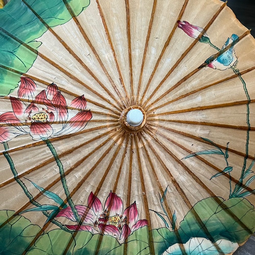 Wooden Japanese parasol, elegant painting, EUC